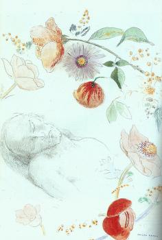 Odilon Redon : Bust of a Man Asleep amid Flowers